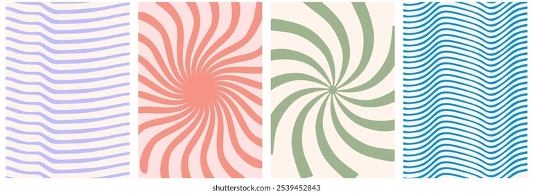 Groovy backgrounds. Comic 70s psychedelic texture. Retro funky pattern with hippies vibes with wavy, twisty swirl print. Vintage texture prints graphic design template. Abstract vector backdrops