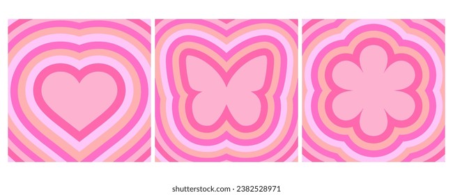 Groovy backgrounds with heart flower and butterfly. Retro psychedelic pink tunnel illustration. 60s 70s cartoon design for poster. Y2K romantic wallpaper. Vector art.