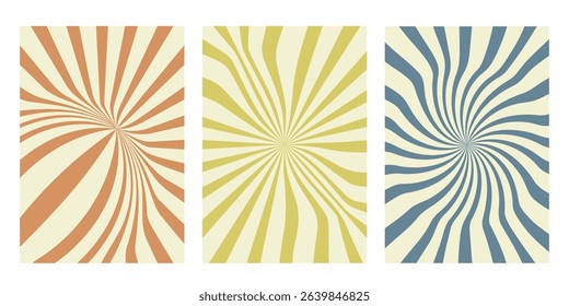 Groovy backgrounds set. Abstract cards with rays of sun, distorted wavy lines, circles, warped streaks. Hand drawn retro posters in style of 60s, 80s, 70s. Hippie design. Vector illustration