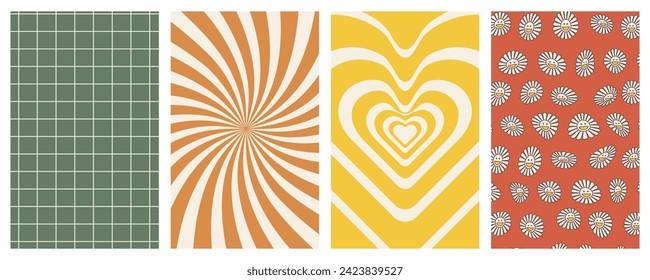 Groovy backgrounds. Set of background in trendy retro trippy style. Hippie 60s, 70s style.