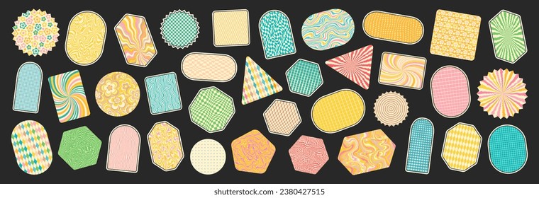 Groovy backgrounds set. Hippie retro stickers. 70s groovy style backdrops. Retro groovy stickers. 60s doodle patch badges. Vintage cartoon wallpapers.