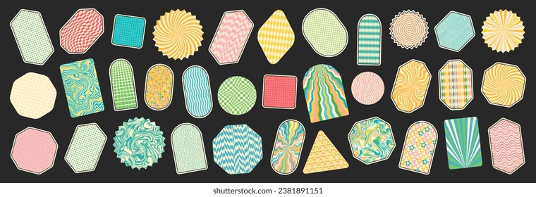 Groovy backgrounds set. Hippie retro stickers. 70s groovy style backdrops. Retro groovy stickers. 60s doodle patch badges. Vintage cartoon wallpapers.
