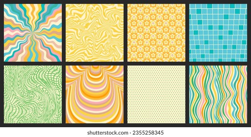 Groovy backgrounds set. Retro groovy collection. 60s and 70s groovy style. Hippie backgrounds. Psychedelic funky. Y2k trendy style. Nostalgia for the 70s.