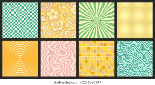 Groovy backgrounds set. Retro groovy collection. 60s and 70s groovy style. Hippie backgrounds. Psychedelic funky. Y2k trendy style. Nostalgia for the 70s.