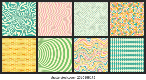 Groovy backgrounds set. Retro groovy collection. 60s and 70s groovy style. Hippie backgrounds. Psychedelic funky. Y2k trendy style. Nostalgia for the 70s.