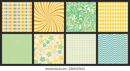 Groovy backgrounds set. Retro groovy collection. 60s and 70s groovy style. Hippie backgrounds. Psychedelic funky. Retro backgrounds set. Y2k trendy style. Nostalgia for the 70s.
