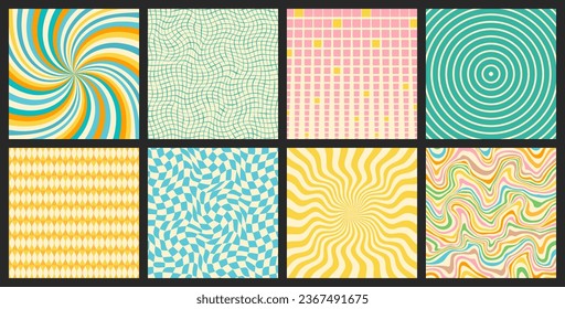 Groovy backgrounds set. Retro groovy collection. 60s and 70s groovy style. Hippie backgrounds. Psychedelic funky. Y2k trendy style. Nostalgia for the 70s.
