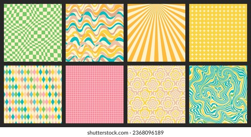 Groovy backgrounds set. Retro groovy collection. 60s and 70s groovy style. Hippie backgrounds. Psychedelic funky. Y2k trendy style. Nostalgia for the 70s.