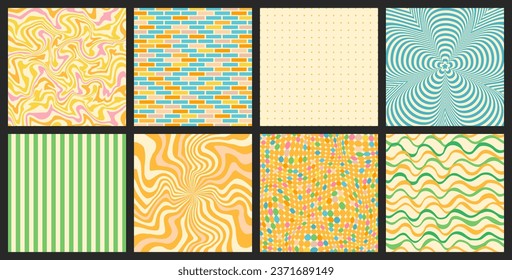 Groovy backgrounds set. Retro groovy collection. 60s and 70s groovy style. Hippie backgrounds. Psychedelic funky. Y2k trendy style. Nostalgia for the 70s.
