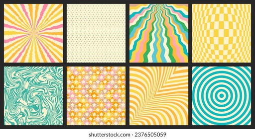 Groovy backgrounds set. Retro groovy collection. 60s and 70s groovy style. Hippie backgrounds. Psychedelic funky. Y2k trendy style. Nostalgia for the 70s.