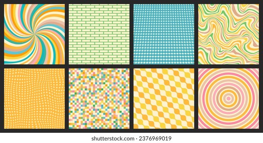 Groovy backgrounds set. Retro groovy collection. 60s and 70s groovy style. Hippie backgrounds. Psychedelic funky. Y2k trendy style. Nostalgia for the 70s.