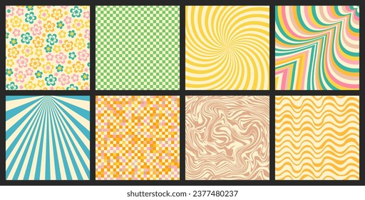 Groovy backgrounds set. Retro groovy collection. 60s and 70s groovy style. Hippie backgrounds. Psychedelic funky. Y2k trendy style. Nostalgia for the 70s.