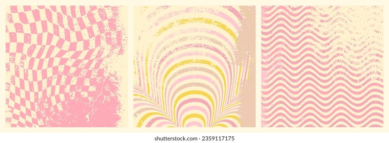 Groovy backgrounds set. Retro groovy grunge. 60s and 70s groovy style. Hippie pink background. Grunge hipppie wallpaper. Y2k trendy style. Nostalgia for the 70s.
