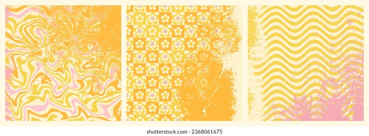 Groovy backgrounds set. Retro groovy grunge. 60s and 70s groovy style. Hippie orange and yellow background. Grunge hipppie wallpaper. Y2k trendy style. Nostalgia for the 70s.