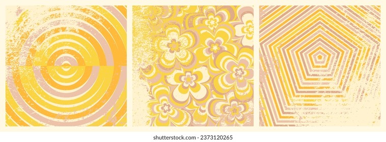 Groovy backgrounds set. Retro groovy grunge. 60s and 70s groovy style. Hippie orange and yellow background. Grunge hipppie wallpaper. Y2k trendy style. Nostalgia for the 70s.