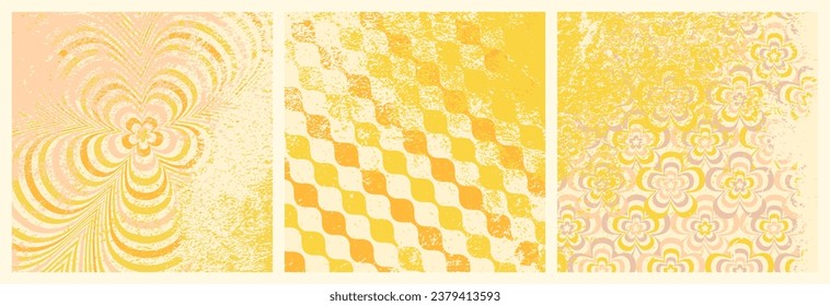 Groovy backgrounds set. Retro groovy grunge. 60s and 70s groovy style. Hippie orange and yellow background. Grunge hippie wallpaper. Y2k trendy style. Nostalgia for the 70s.