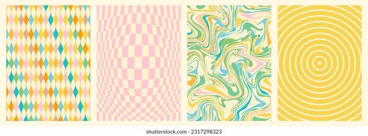 Groovy backgrounds set. Retro groovy texture. 60s and 70s style. Hippie backgrounds. Psychedelic funky abstract. Groovy poster template. Nostalgia for the 70s.