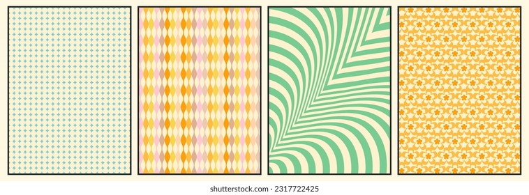 Groovy backgrounds set. Retro groovy texture. 60s and 70s style. Hippie backgrounds. Psychedelic funky abstract. Groovy poster template. Nostalgia for the 70s.
