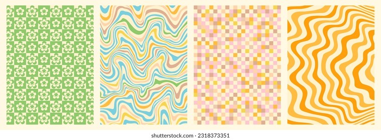 Groovy backgrounds set. Retro groovy texture. 60s and 70s style. Hippie backgrounds. Psychedelic funky abstract. Groovy poster template. Nostalgia for the 70s.
