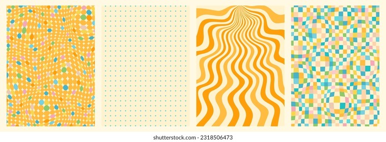 Groovy backgrounds set. Retro groovy texture. 60s and 70s style. Hippie backgrounds. Psychedelic funky abstract. Groovy poster template. Nostalgia for the 70s.
