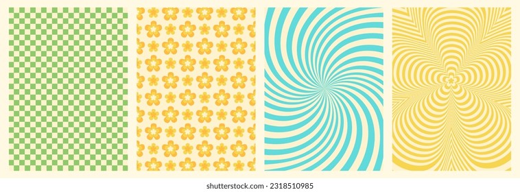 Groovy backgrounds set. Retro groovy texture. 60s and 70s style. Hippie backgrounds. Psychedelic funky abstract. Groovy poster template. Nostalgia for the 70s.