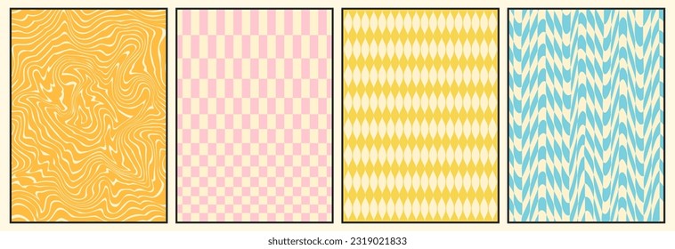 Groovy backgrounds set. Retro groovy texture. 60s and 70s style. Hippie backgrounds. Psychedelic funky abstract. Groovy poster template. Nostalgia for the 70s.