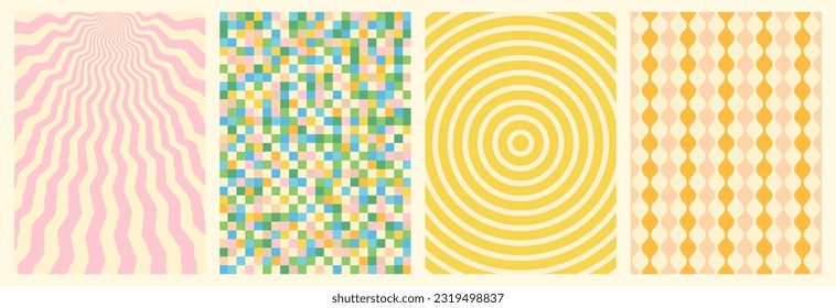 Groovy backgrounds set. Retro groovy texture. 60s and 70s style. Hippie backgrounds. Psychedelic funky abstract. Groovy poster template. Nostalgia for the 70s.
