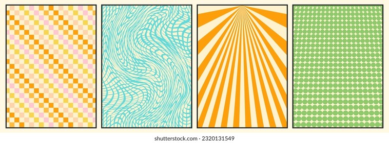 Groovy backgrounds set. Retro groovy texture. 60s and 70s style. Hippie backgrounds. Psychedelic funky abstract. Groovy poster template. Nostalgia for the 70s.