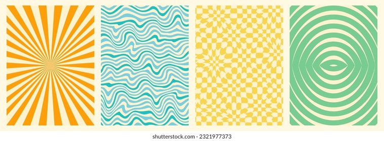 Groovy backgrounds set. Retro groovy texture. 60s and 70s style. Hippie backgrounds. Psychedelic funky abstract. Groovy poster template. Nostalgia for the 70s.