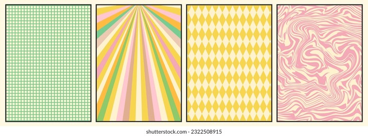 Groovy backgrounds set. Retro groovy texture. 60s and 70s style. Hippie backgrounds. Psychedelic funky abstract. Groovy poster template. Nostalgia for the 70s.