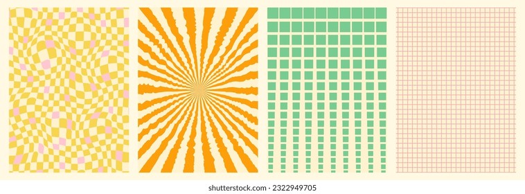 Groovy backgrounds set. Retro groovy texture. 60s and 70s style. Hippie backgrounds. Psychedelic funky abstract. Groovy poster template. Nostalgia for the 70s.