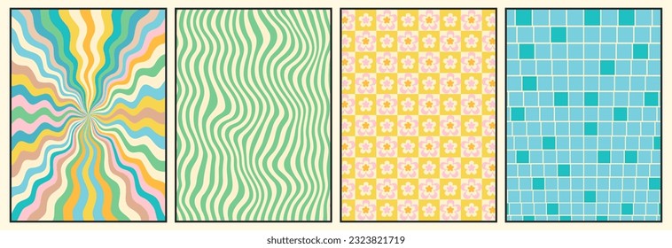 Groovy backgrounds set. Retro groovy texture. 60s and 70s style. Hippie backgrounds. Psychedelic funky abstract. Groovy poster template. Retro hippie texture. Nostalgia for the 70s.
