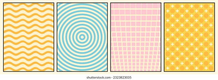 Groovy backgrounds set. Retro groovy texture. 60s and 70s style. Hippie backgrounds. Psychedelic funky abstract. Groovy poster template. Nostalgia for the 70s.