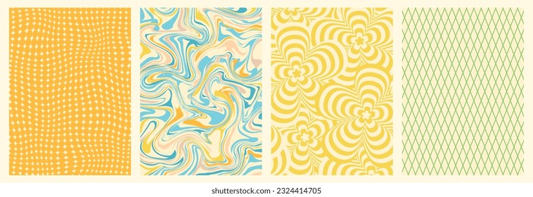 Groovy backgrounds set. Retro groovy texture. 60s and 70s style. Hippie backgrounds. Psychedelic funky abstract. Groovy poster template. Nostalgia for the 70s.