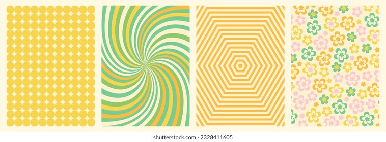 Groovy backgrounds set. Retro groovy texture. 60s and 70s style. Hippie backgrounds. Psychedelic funky abstract. Groovy poster template. Nostalgia for the 70s.