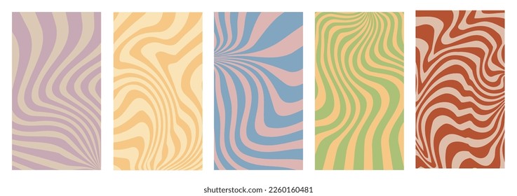 Groovy backgrounds with swirl, waves, twisted pattern. Distorted texture in the trendy retro style of the hippie 70s. Y2K aesthetic. Vector.