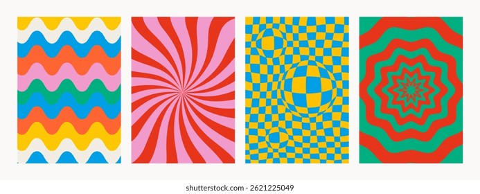 Groovy backgrounds in vivid colors. Abstract psychedelic retro pattern set. Trendy funky vector textures in abstract y2k style. Vector graphic for posters and art prints
