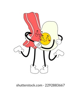 Groovy bacon kisses fried egg. Vector food characters in disco style like in 70s. Vintage trippy breakfast.