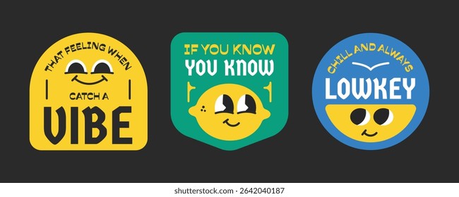 Groovy badges, stickers, patchs collection. Cartoon character with quote related to gen z and millenials in y2k style.