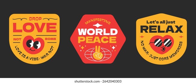 Groovy badges, stickers, patchs collection. Cartoon character with quote about peaceful world no war in y2k style.