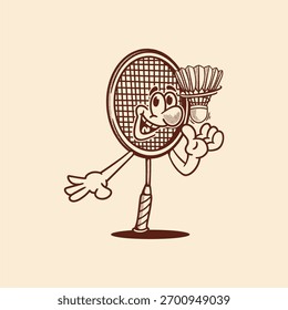 Groovy badminton racket and ball character in retro cartoon. Mascot, vector, icon, collection, sticker, vintage, illustration, set, funny, logo, comic, editable, sport