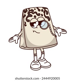 Groovy bag for dairy products cartoon character with vintage glasses. Funny retro paper package with cow spots, dairy mascot, cartoon grocery pack sticker of 70s 80s style vector illustration