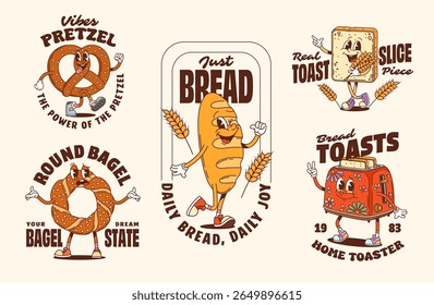 Os personagens da padaria Groovy à impressão da camisa e cartazes de pães de trigo de desenho animado. Vetor retro groovy y2k baguette, brinde, bagel simit e pretzel personagens com rostos felizes e orelhas de cereais cartazes