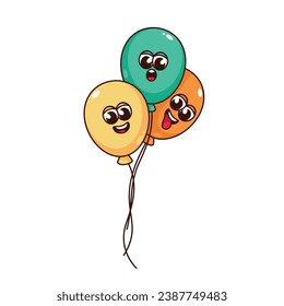 Groovy balloons characters vector illustration. Cartoon isolated retro cute sticker for St Patrick day in colors of Irish flag, happy psychedelic balloons with funny faces and strings flying to party