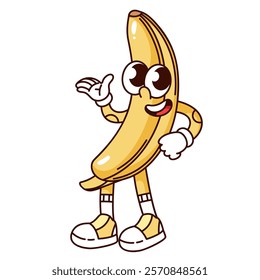 Groovy banana cartoon character standing with funky expression. Funny retro cute yellow tropical fruit in peel. Summer food mascot, cartoon cool banana sticker of 70s 80s style vector illustration