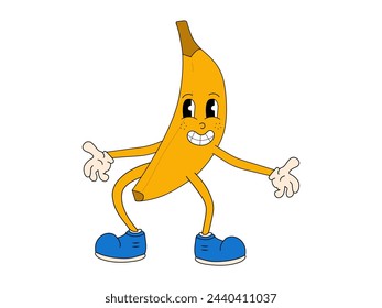 Groovy banana character isolated. Vector retro fruit illustration.