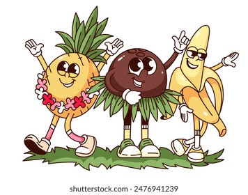 Groovy banana, coconut and pineapple cartoon characters on beach party. Funny retro happy fruits dance on luau. Hawaiian beach vacation mascot, cartoon sticker of 70s 80s style vector illustration