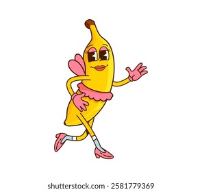 Groovy banana fruit Halloween fairy character. Exotic sweet fruit fairytale cute groovy personage, ripe banana funny magic fairy isolated cartoon vector character or comical personage