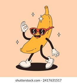 Mascota de plátanos Groovy. Funky personaje retro. caricatura banana, sonriendo, caminando. Divertido personaje de moda vintage. Colección Doodle Comic