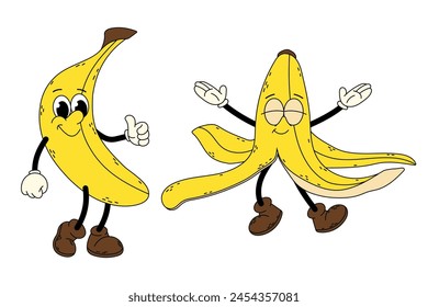 Groovy banana. Set funny cartoon trendy retro style fruit character. Ripe banana and banana peel in flat style. Doodle comic illustration dancing banana.